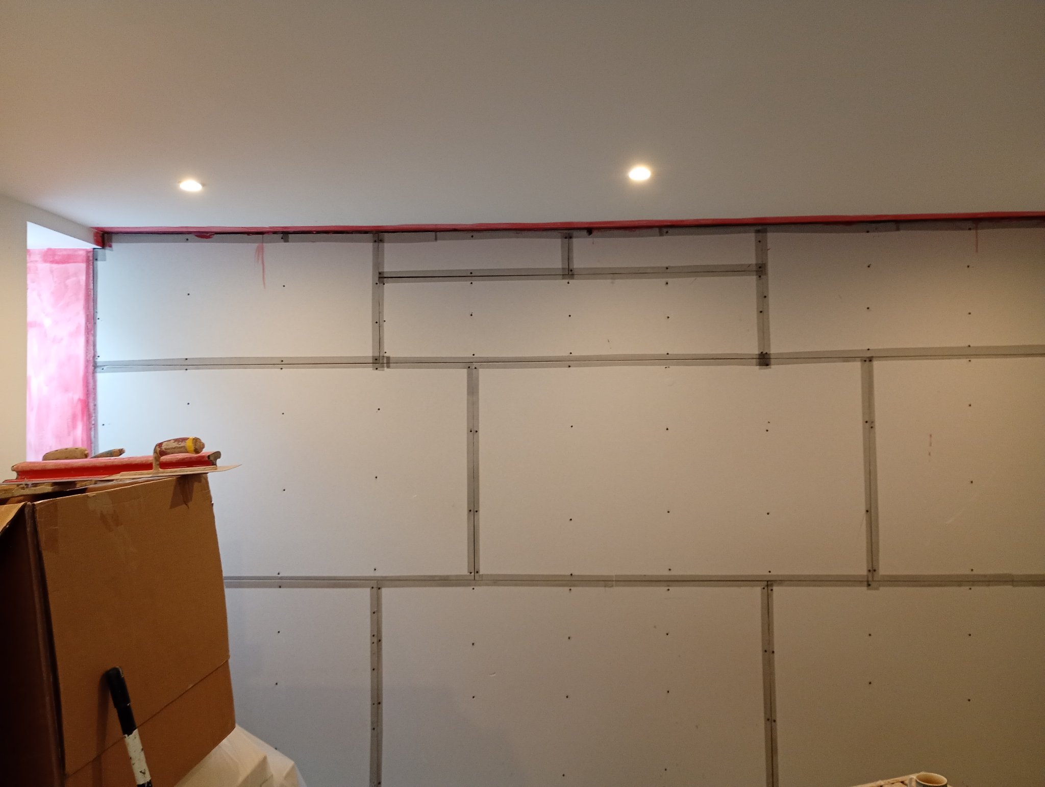 New plasterboard fitted over treated battens in the Margate basement