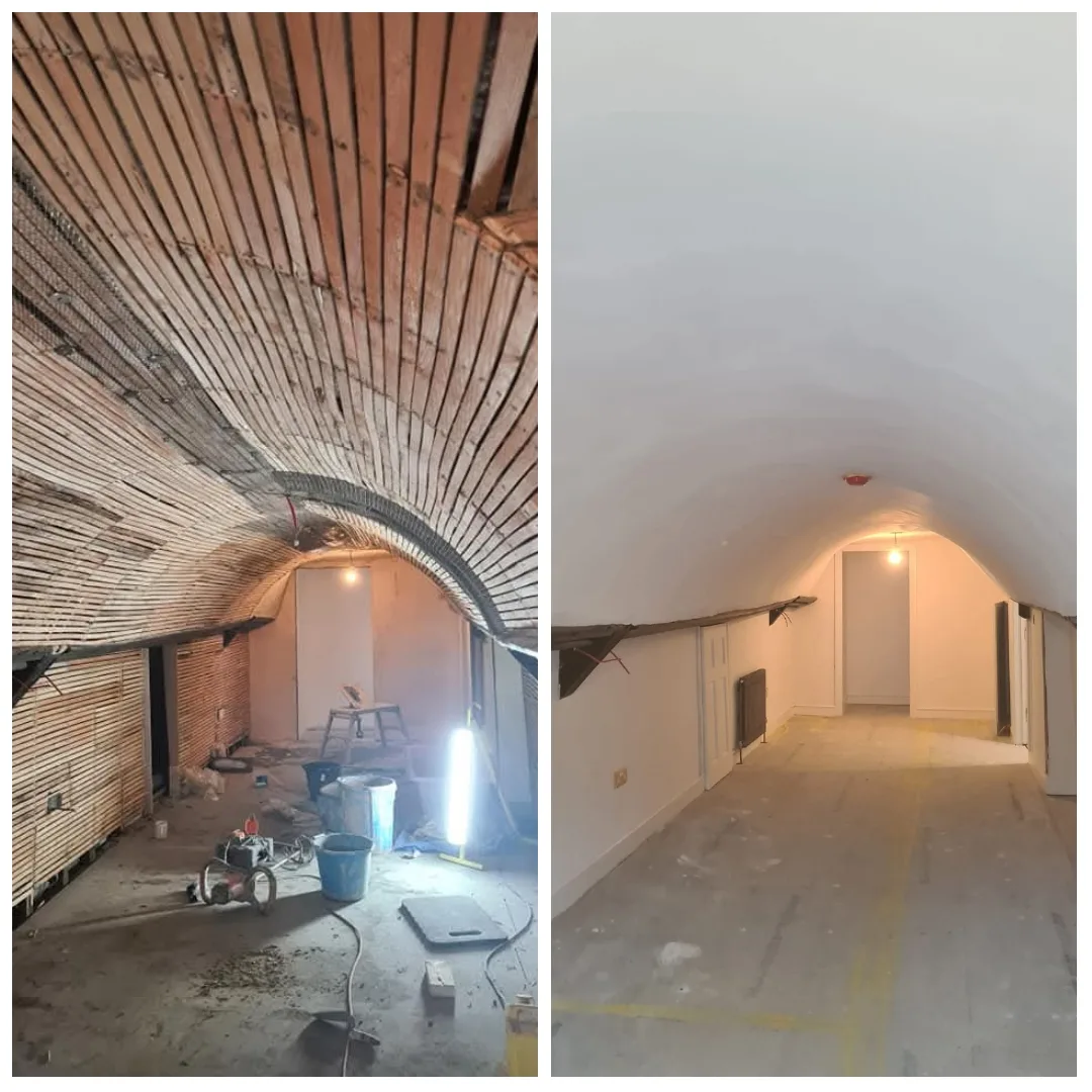 Barrel vaulted ceiling before and after lime plaster restoration
