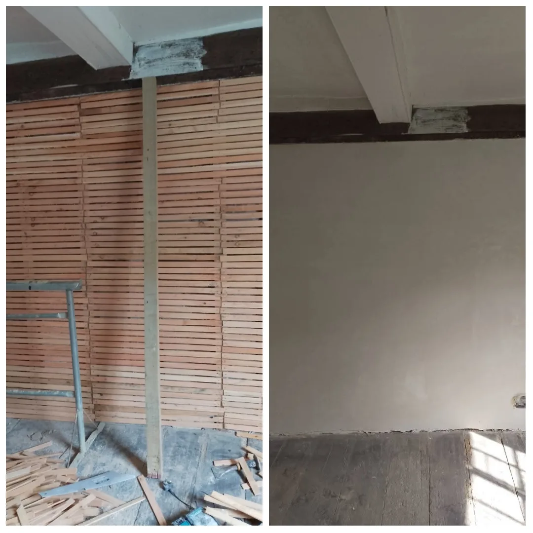 Before and after of a lath wall repair, exposed laths then a smooth plastered wall with beams retained