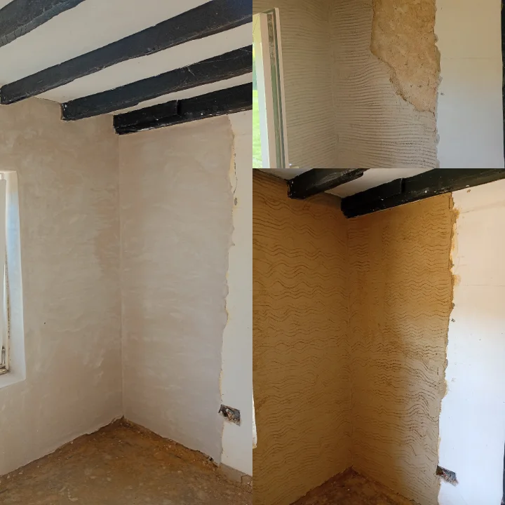Period room with exposed oak beams finished in smooth lime plaster