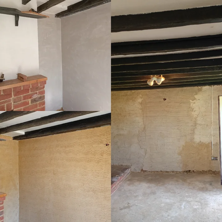 Heritage lime plastering in a period property, walls and beams