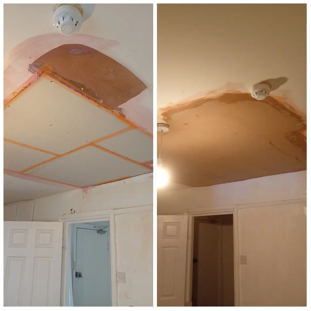 Before and after of a ceiling repair, new plasterboard and scrim then a smooth skimmed finish