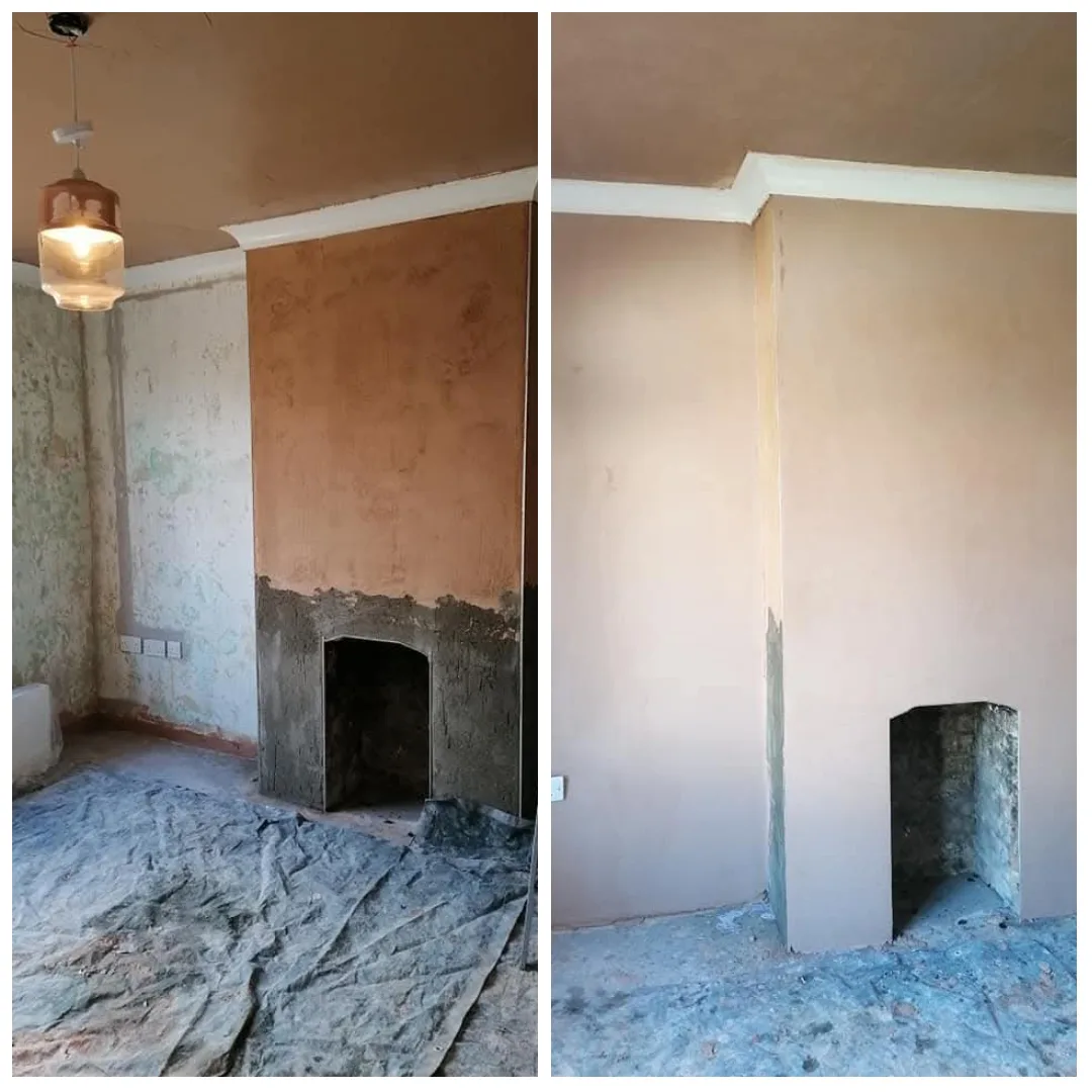 Before and after of a chimney breast, scratch coat then fully skimmed walls with coving
