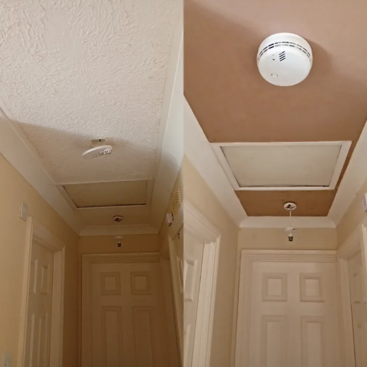Before and after of a hallway ceiling, textured artex made smooth by skimming