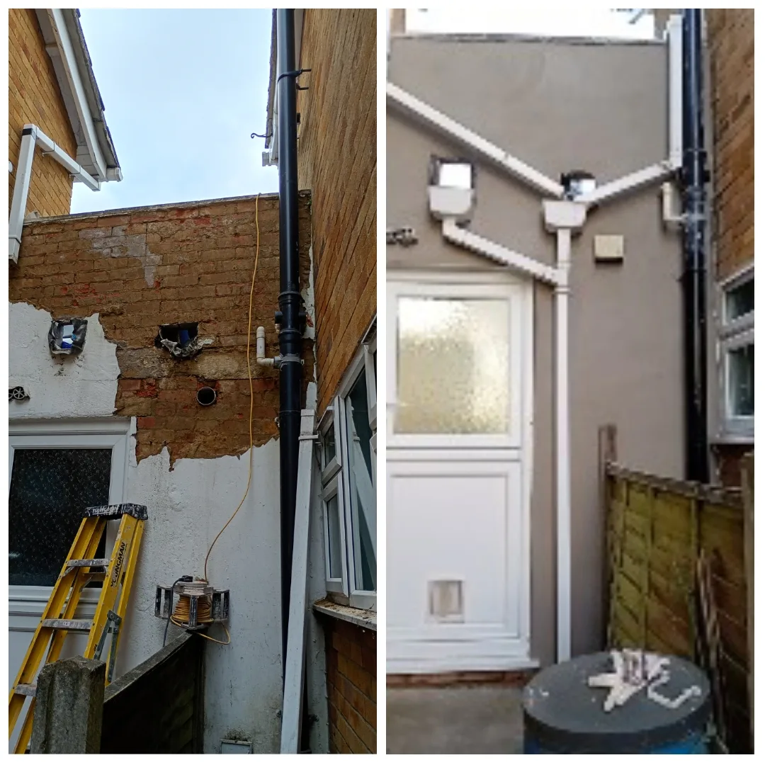 Before and after of a side passage wall, blown render removed then freshly rendered with new guttering
