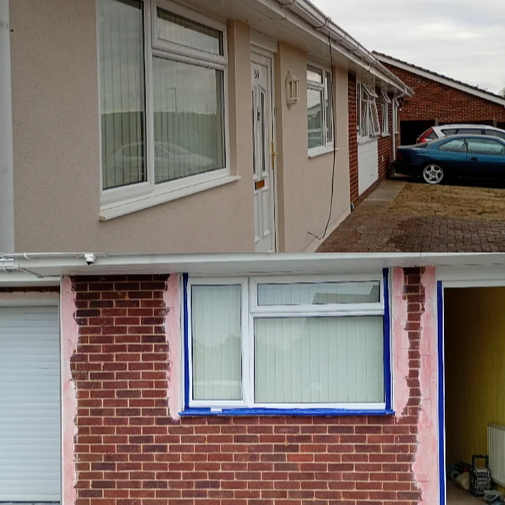 Before and after of a bungalow re-rendered in a smooth cream coloured finish
